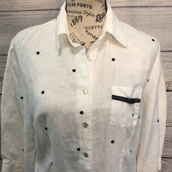 Edward Irish Linen Shirt Button Down Polka Dots Size Medium 3/4 Sleeves - Picture 2 of 8